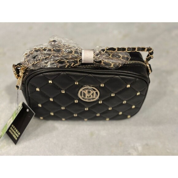 Badgley Mischka Quilted Vegan Leather Camera Bag w/Studs & Gold Chain Strap NWT - Picture 1 of 5